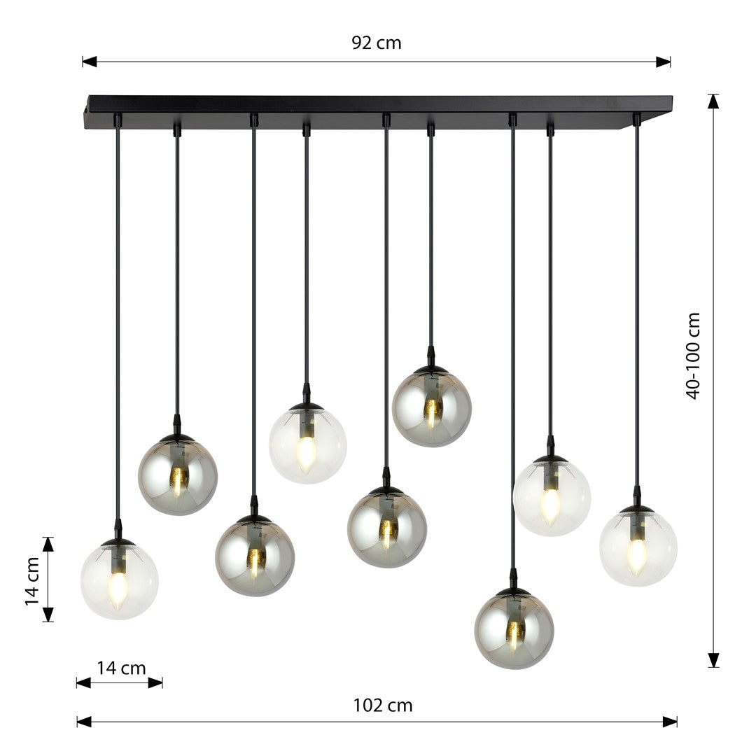 Hanglamp 9 lichts gepoedercoat staal en glas, Cosmo, mat zwart met transparant en graphiet glas, 104 cm breed