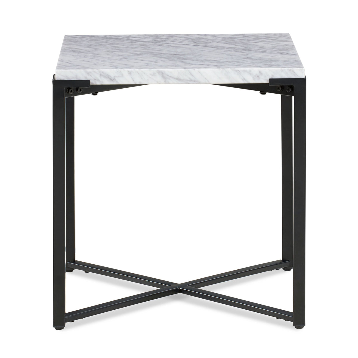 Bijzettafel Carrara-marmer en metaal Saxon, mat zwart onderstel met X-vorm, voor woonkamer