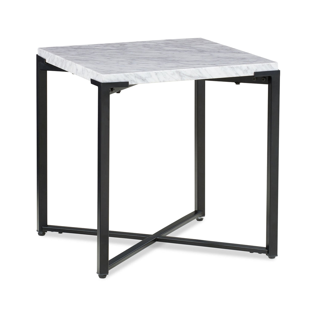 Bijzettafel Carrara-marmer en metaal Saxon, mat zwart onderstel met X-vorm, voor woonkamer