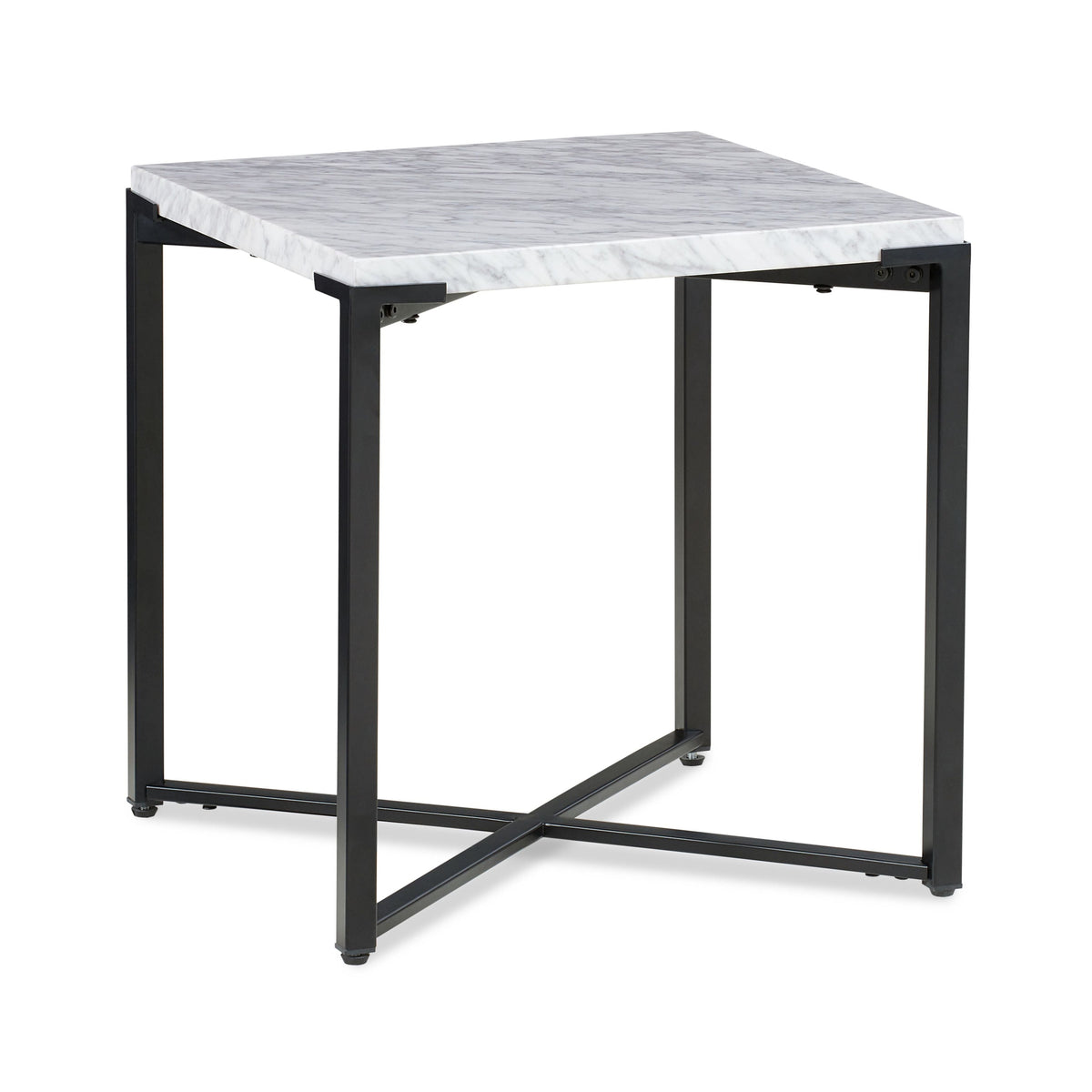 Bijzettafel Carrara-marmer en metaal Saxon, mat zwart onderstel met X-vorm, voor woonkamer