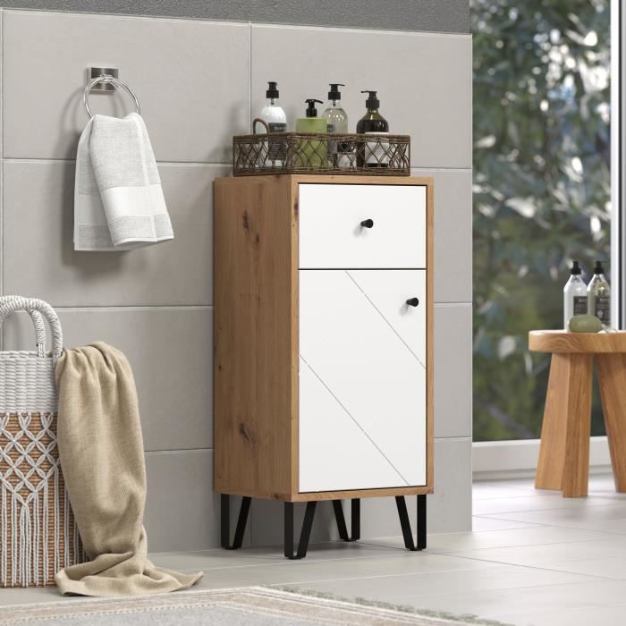 Badkamerkast Touch mat wit met eiken decor, met lade en deur, zwarte metalen poten