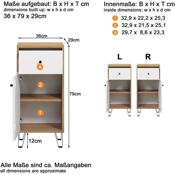 Badkamerkast Touch mat wit met eiken decor, met lade en deur, zwarte metalen poten