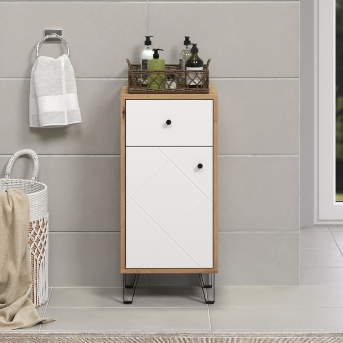 Badkamerkast Touch mat wit met eiken decor, met lade en deur, zwarte metalen poten