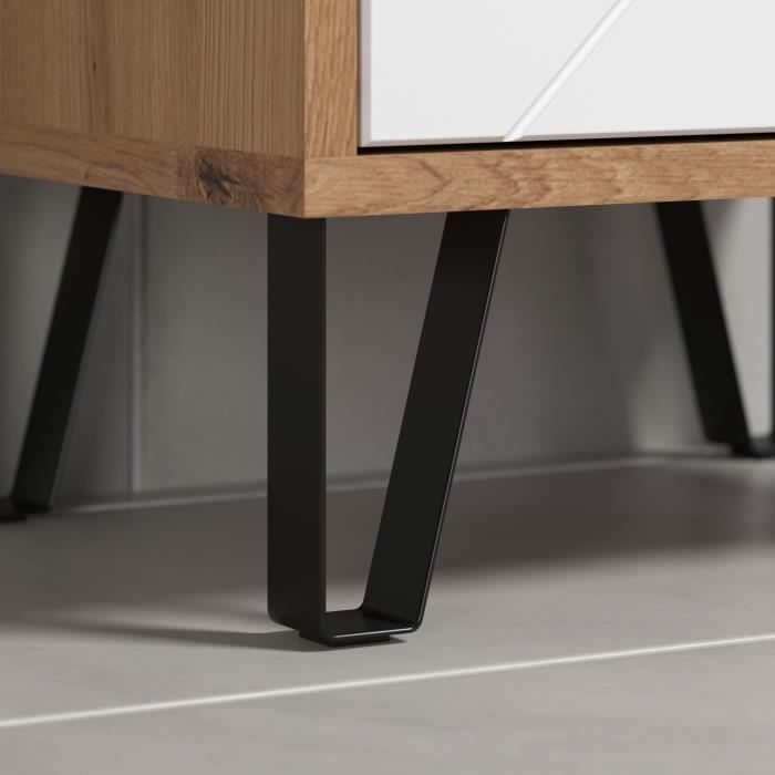 Badkamerkast Touch mat wit met eiken decor, met lade en deur, zwarte metalen poten
