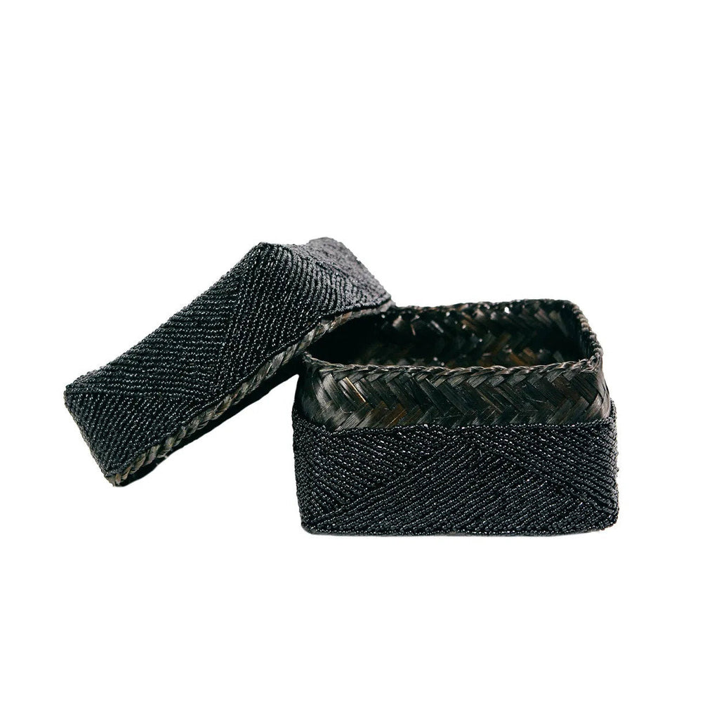 Opbergdoosje bamboe met kralen, zwart, handgemaakt, 10 x 10 x 10 cm, voor in huis
