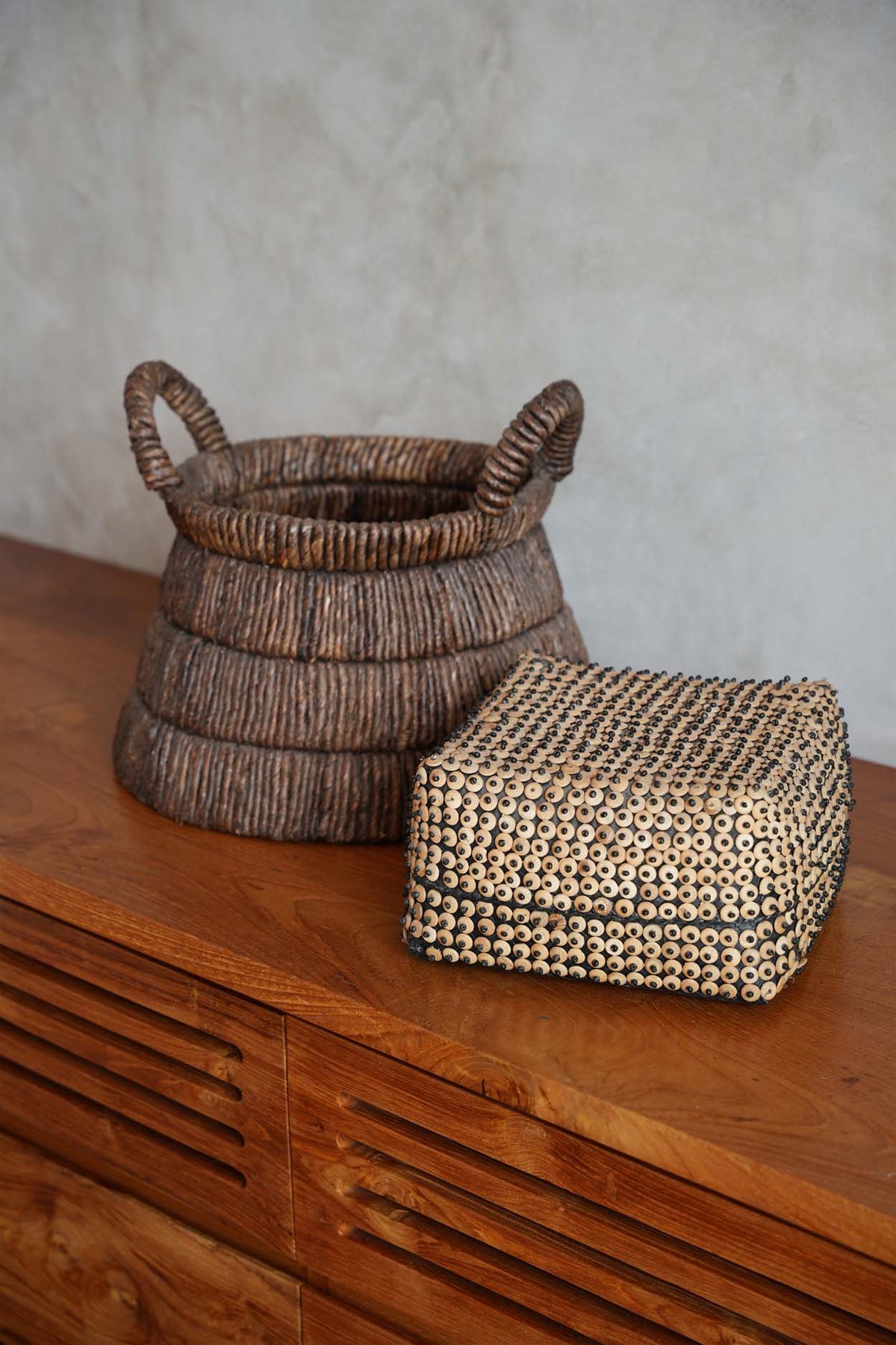 Mand kokosschaal en bamboe, handgemaakt, naturel bruin, 28 x 28 x 17 cm, voor kleine spullen