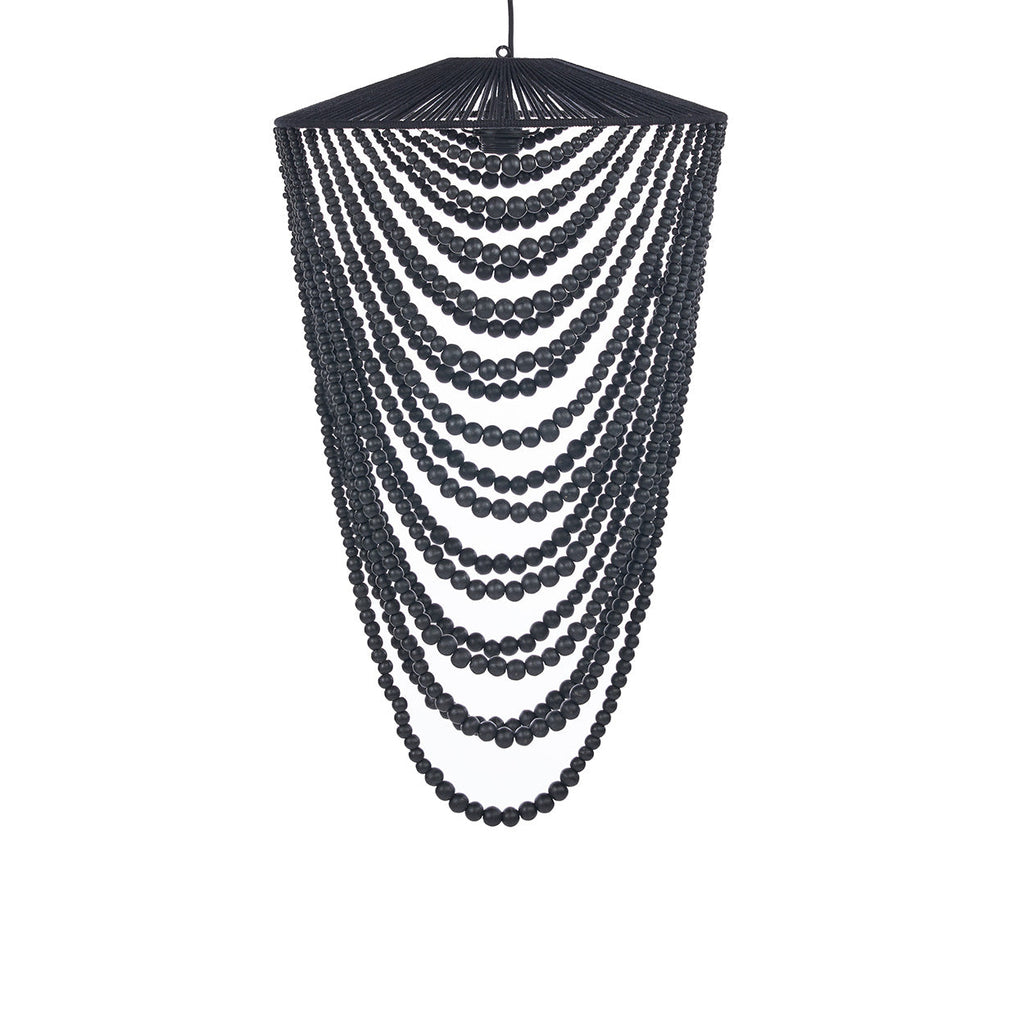 Zwarte hanglamp met meerdere gebogen strengen houten kralen onder een bovenkap van zwart touw