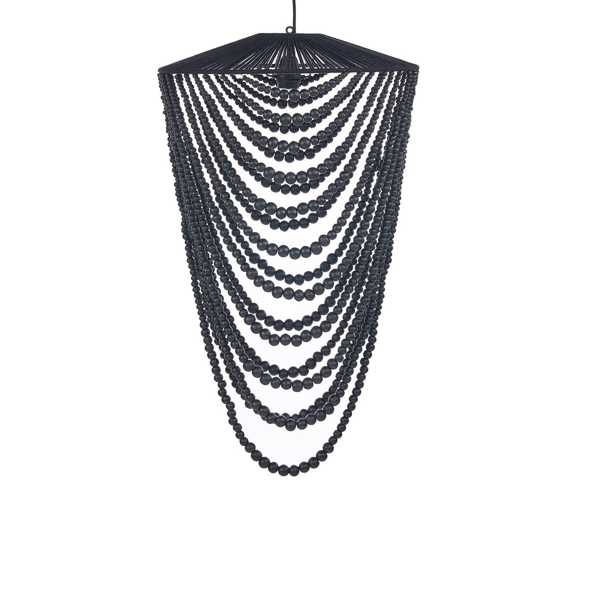 Zwarte hanglamp met meerdere gebogen strengen houten kralen onder een bovenkap van zwart touw