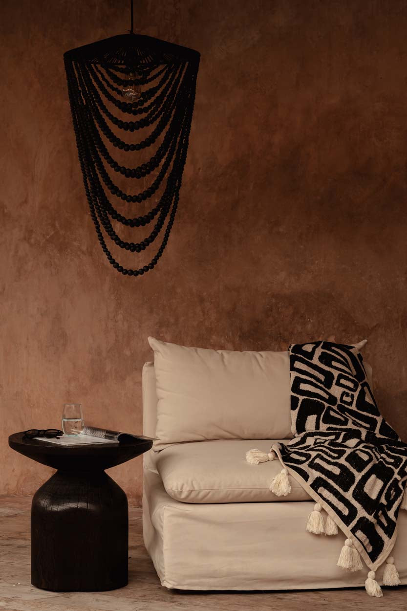 Hanglamp houten kralen zwart, handgeweven kroonluchter L – 47 x 47 x 80 cm, woonkamer en eetkamer