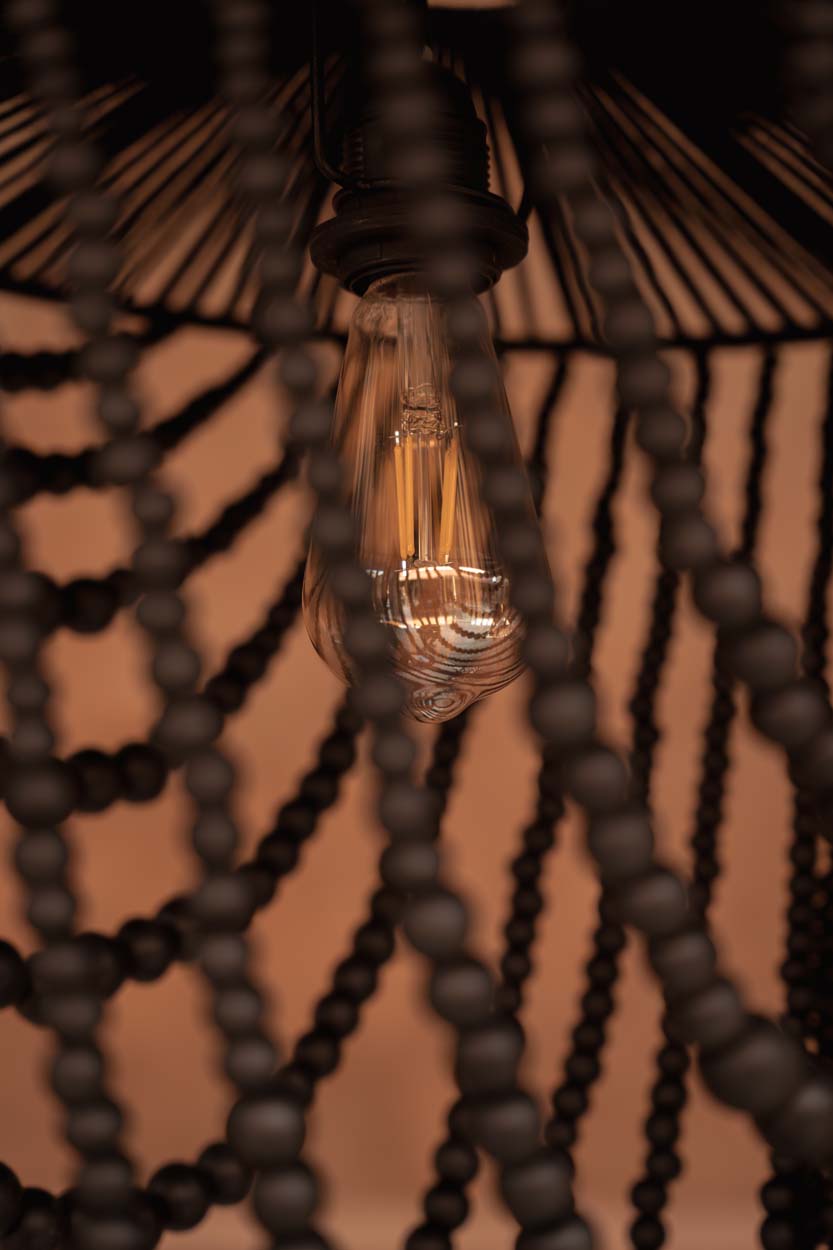 Hanglamp houten kralen zwart, handgeweven kroonluchter L – 47 x 47 x 80 cm, woonkamer en eetkamer