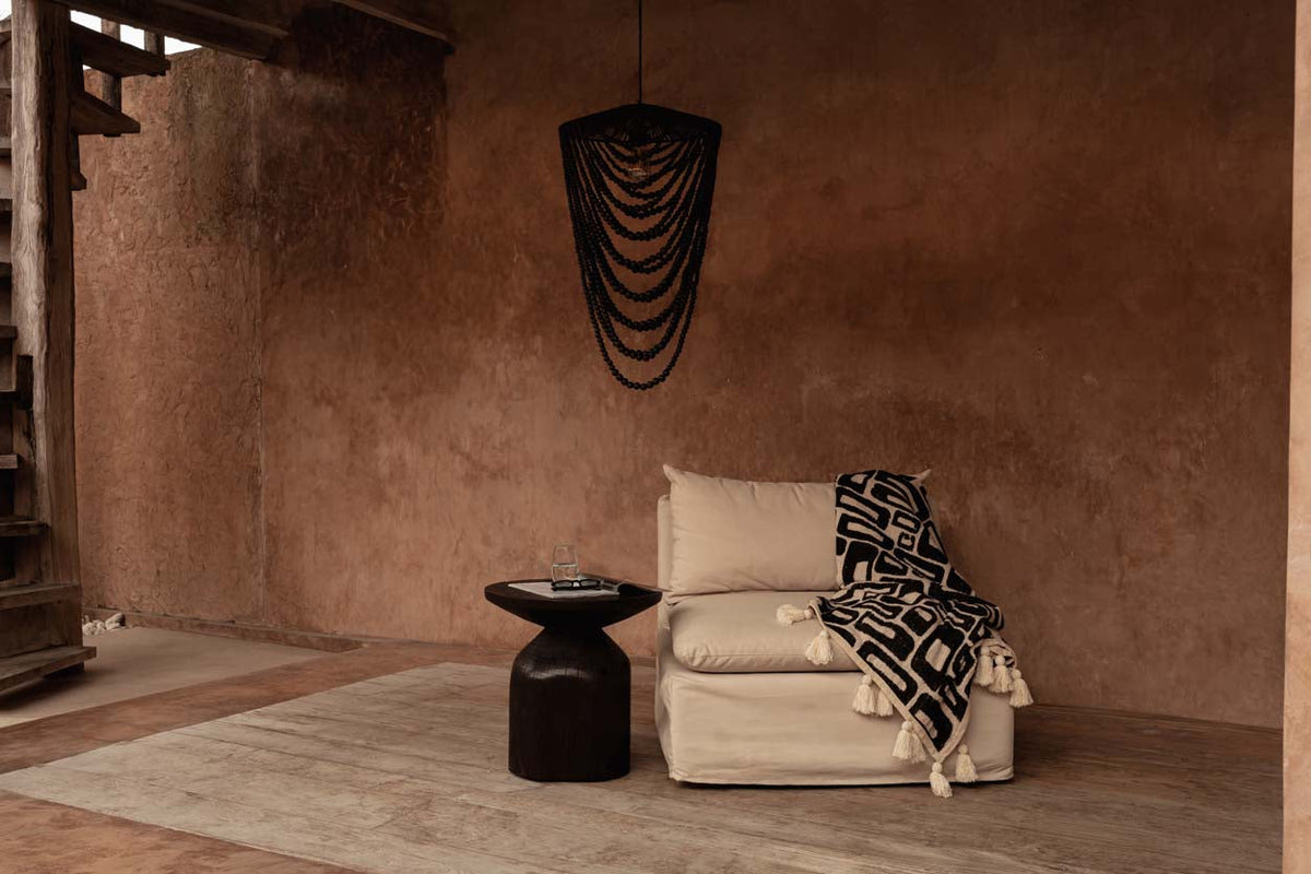 Hanglamp houten kralen zwart, handgeweven kroonluchter L – 47 x 47 x 80 cm, woonkamer en eetkamer