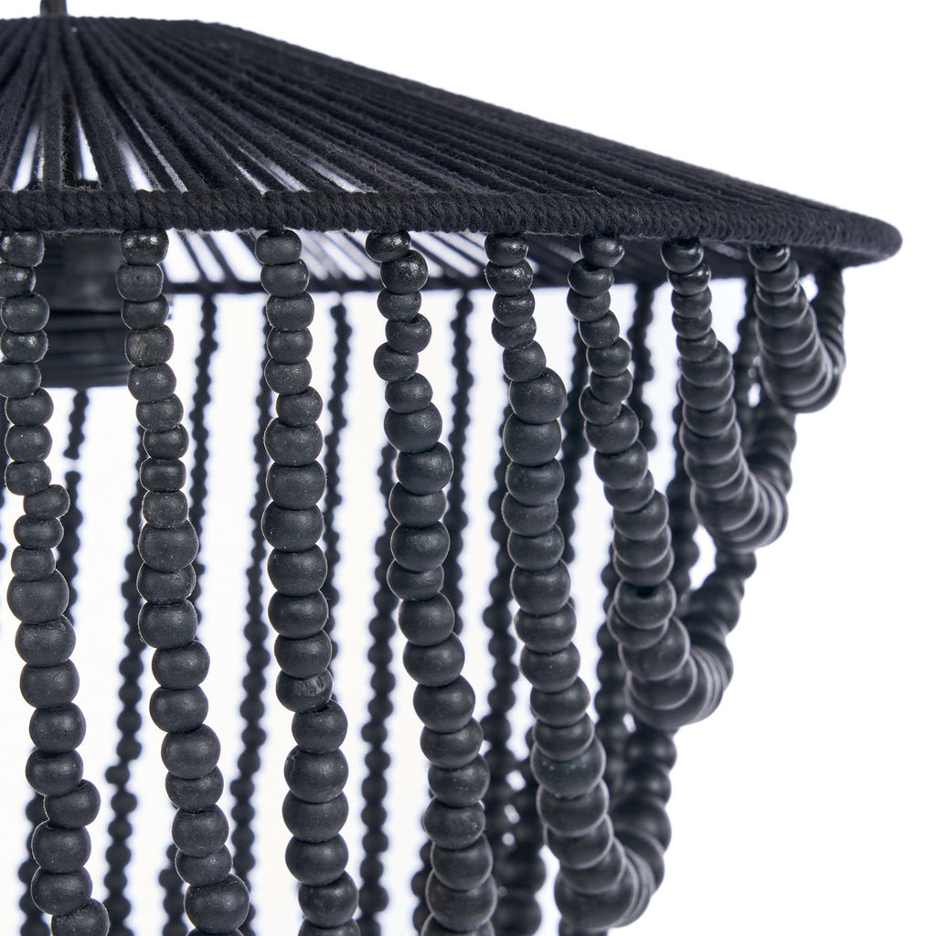 Hanglamp houten kralen zwart, handgeweven kroonluchter L – 47 x 47 x 80 cm, woonkamer en eetkamer