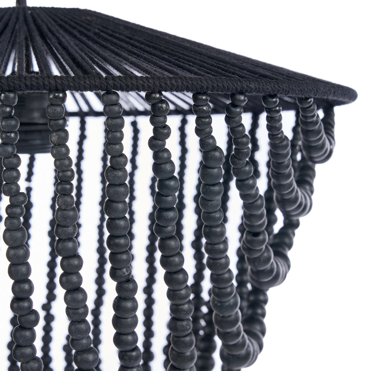 Hanglamp houten kralen zwart, handgeweven kroonluchter L – 47 x 47 x 80 cm, woonkamer en eetkamer