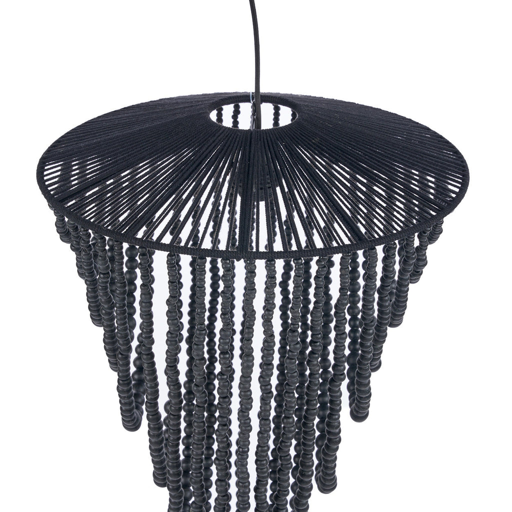 Hanglamp houten kralen zwart, handgeweven kroonluchter L – 47 x 47 x 80 cm, woonkamer en eetkamer