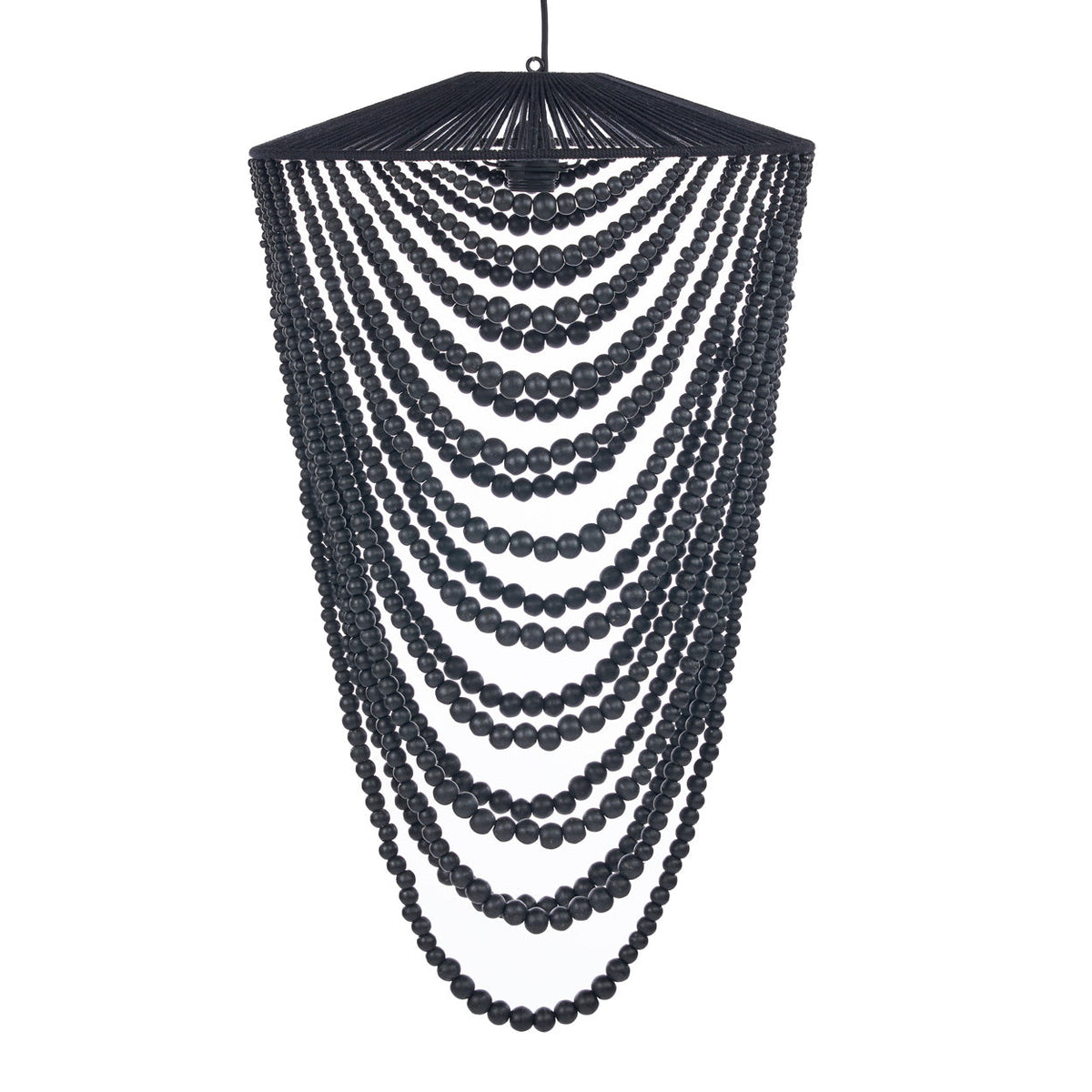Hanglamp houten kralen zwart, handgeweven kroonluchter L – 47 x 47 x 80 cm, woonkamer en eetkamer