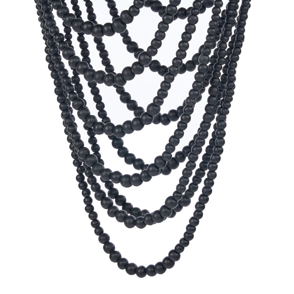 Hanglamp houten kralen zwart, handgeweven kroonluchter L – 47 x 47 x 80 cm, woonkamer en eetkamer