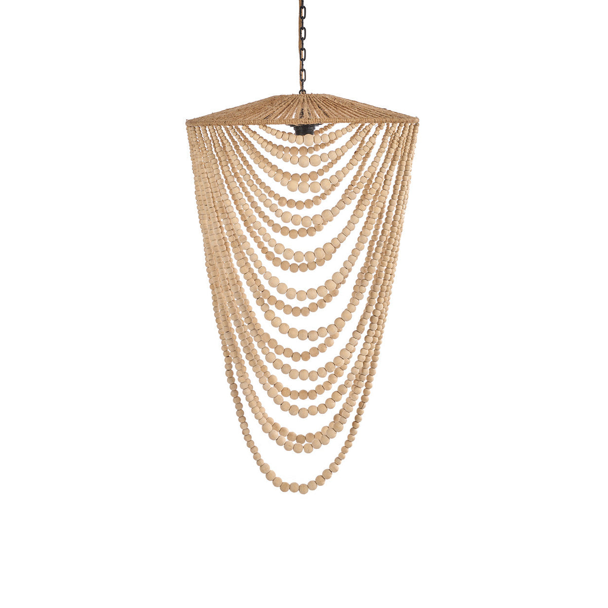 Hanglamp met gebogen strengen naturel houten kralen aan een ketting, met bovenkap van gevlochten touw