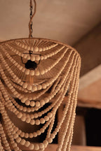 Hanglamp houten kralen naturel, handgemaakt, hout en ijzer – 47 x 47 x 80 cm, woonkamer en eetkamer
