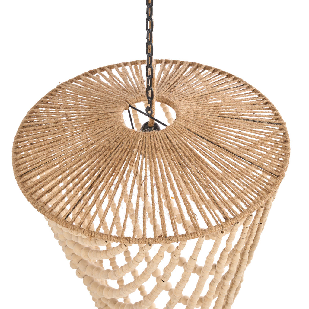 Hanglamp houten kralen naturel, handgemaakt, hout en ijzer – 47 x 47 x 80 cm, woonkamer en eetkamer