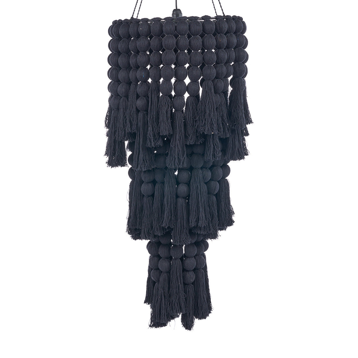 Zwarte katoenen hanglamp met drie lagen bollen en lange kwastjes