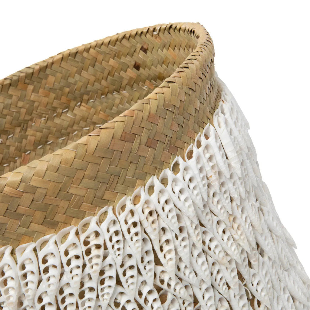 Mand pandan en schelpen handgemaakt, naturel wit – Ø 34 x 40 cm, voor wasgoed, speelgoed of plant