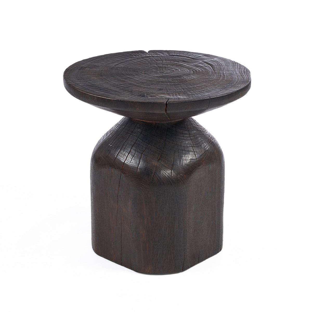 Bijzettafel Drumline massief hout donkere walnoot, handgemaakt, rond 50 x 50 x 50 cm voor woonkamer