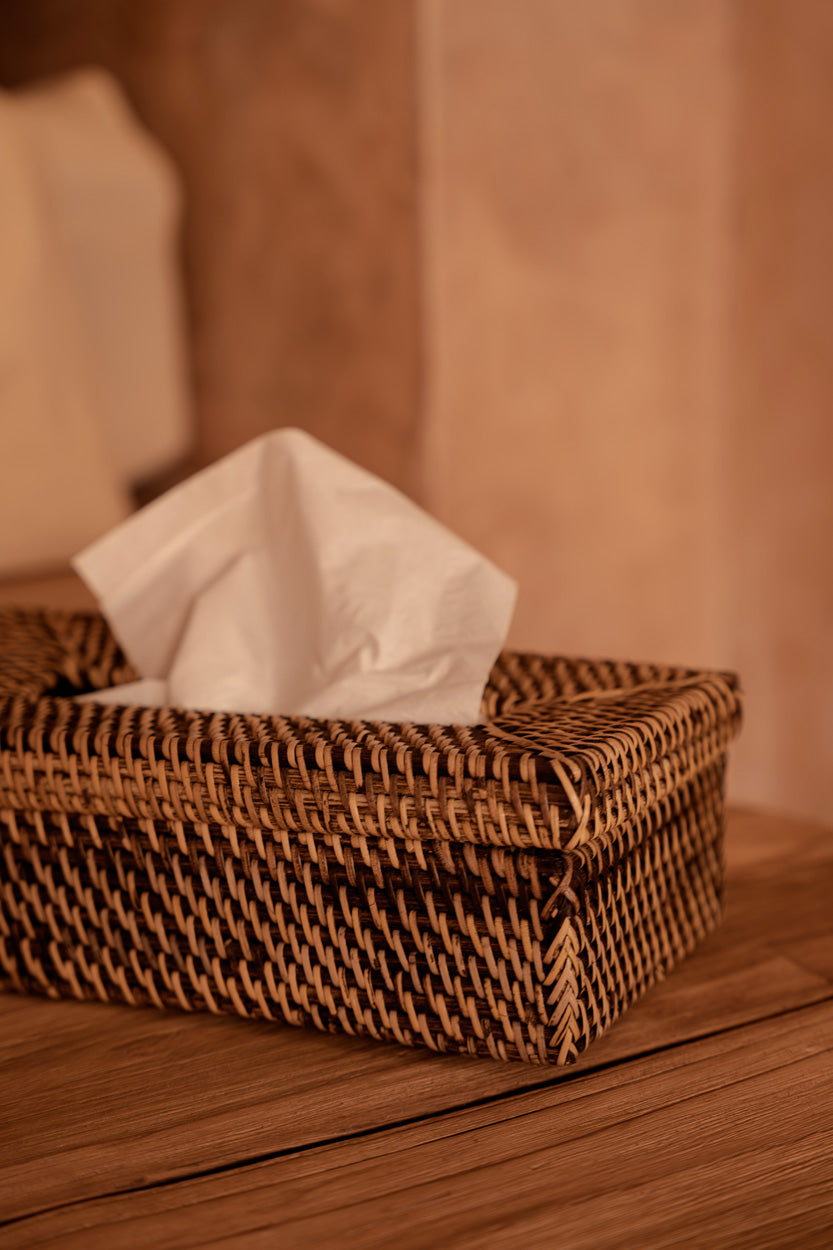 Tissuebox rotan handgevlochten naturel bruin 27 x 14 x 9 cm, met afneembaar deksel
