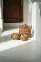 Opbergmand rotan met deksel en cowrieschelpen, natuurlijk bruin, 27 x 27 x 18 cm