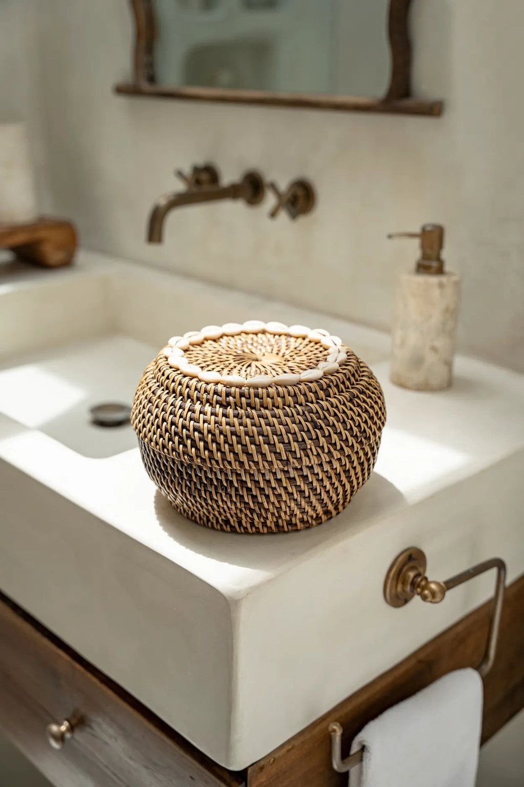 Opbergmand rotan met deksel en cowrieschelpen, naturel bruin, 23 x 23 x 15 cm