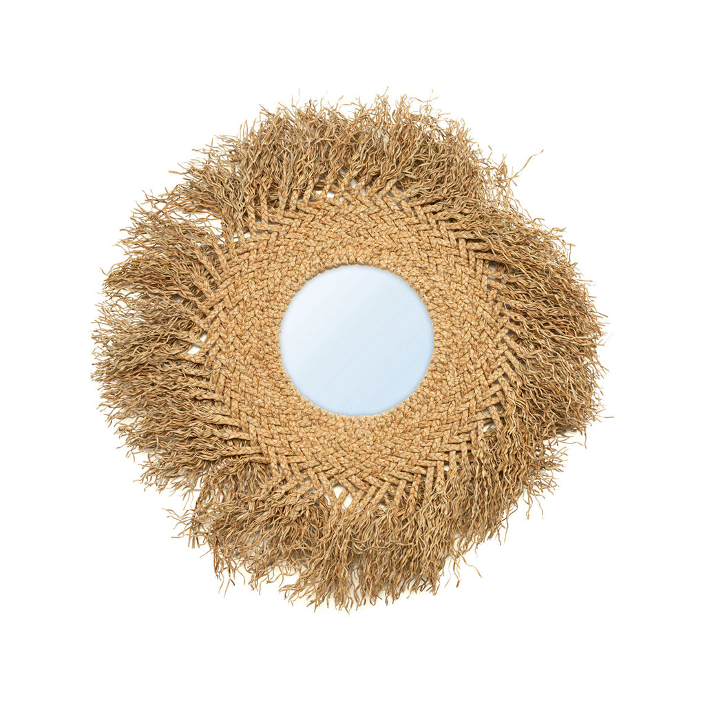 Ronde spiegel met gevlochten rand van naturel waterhyacint en losse franje rondom
