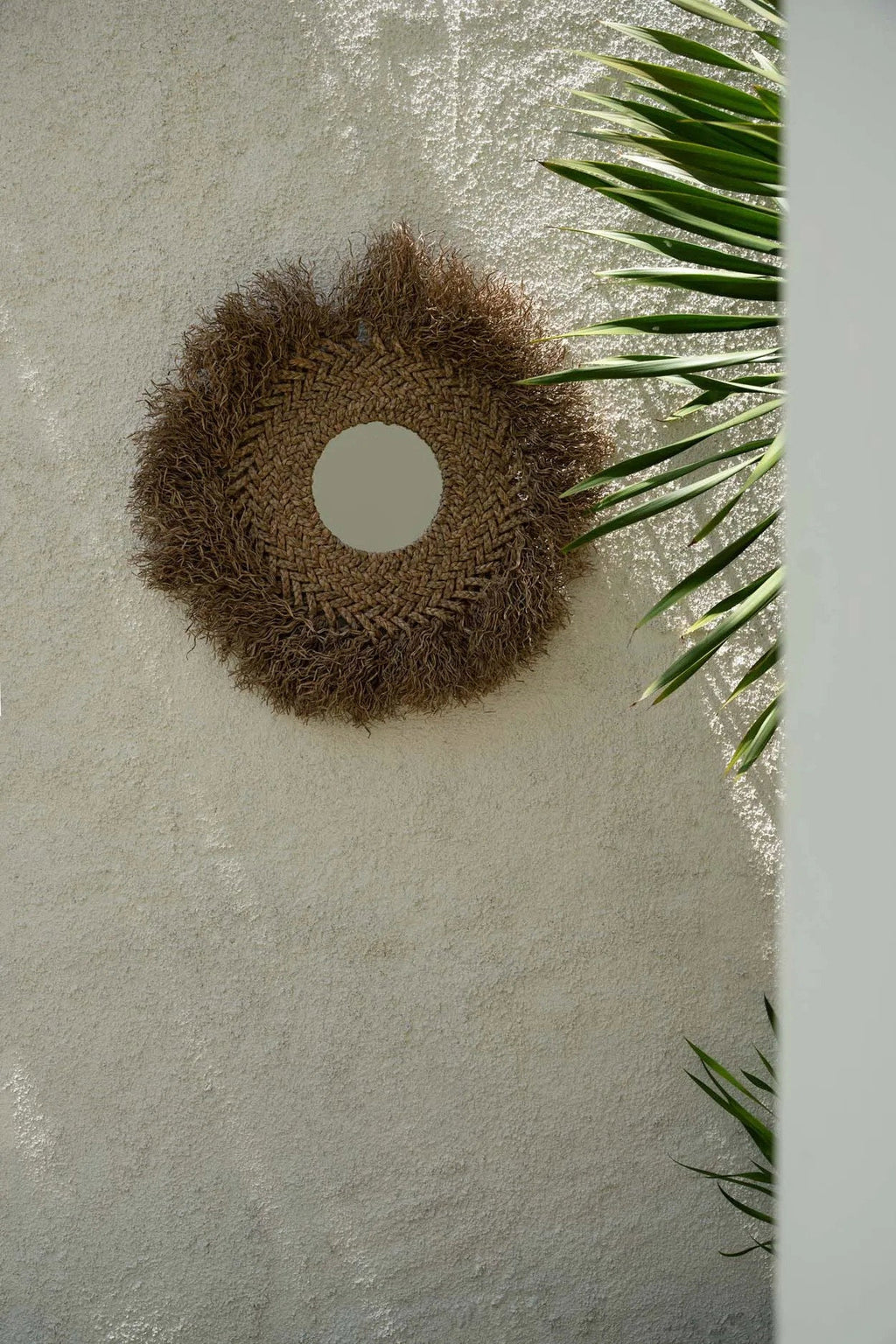 Spiegel waterhyacint Early Monday handgemaakt, naturel – 75 x 75 cm, rond met franje