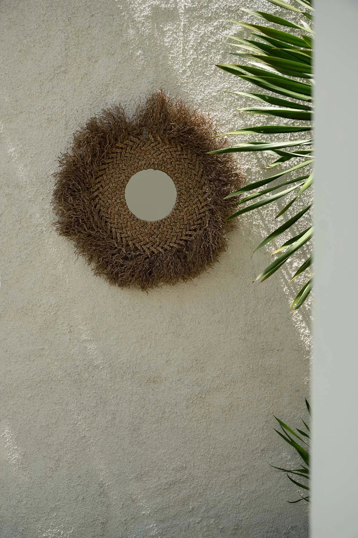 Spiegel waterhyacint Early Monday handgemaakt, naturel – 75 x 75 cm, rond met franje