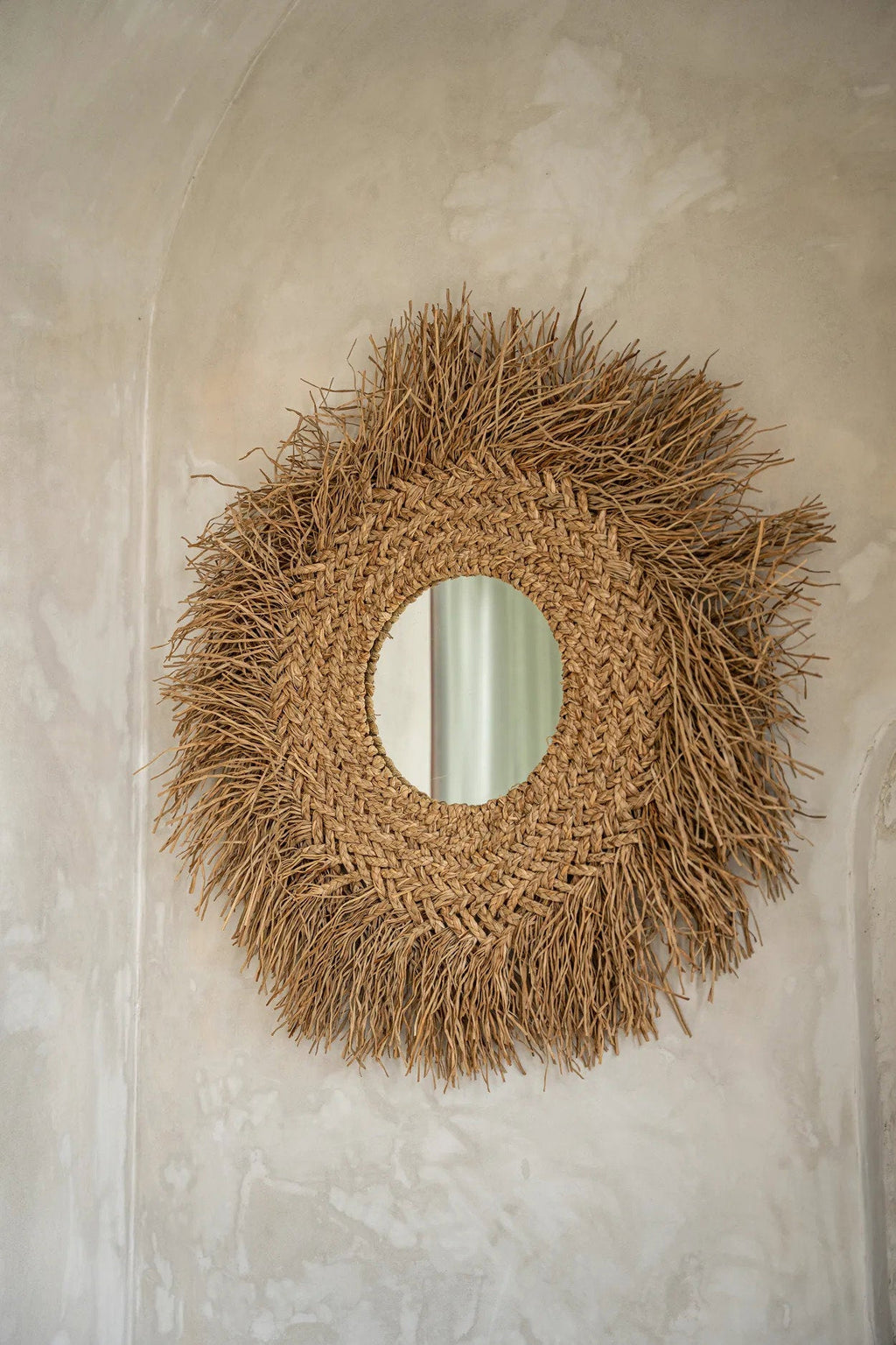 Spiegel waterhyacint Early Monday handgemaakt, naturel – 75 x 75 cm, rond met franje