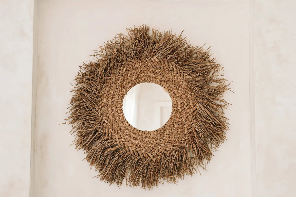 Spiegel waterhyacint Early Monday handgemaakt, naturel – 75 x 75 cm, rond met franje