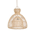Naturel rotan hanglamp met klokvormige, handgevlochten kap en smalle hals, opgehangen aan een touw
