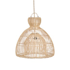 Naturel rotan hanglamp met klokvormige, handgevlochten kap en smalle hals, opgehangen aan een touw