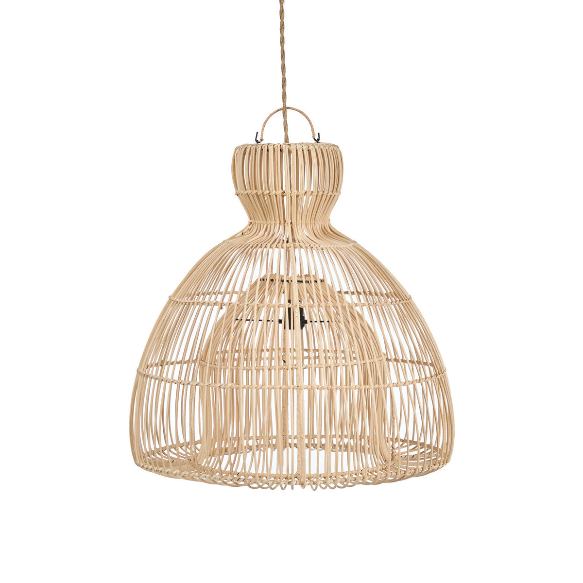 Naturel rotan hanglamp met klokvormige, handgevlochten kap en smalle hals, opgehangen aan een touw