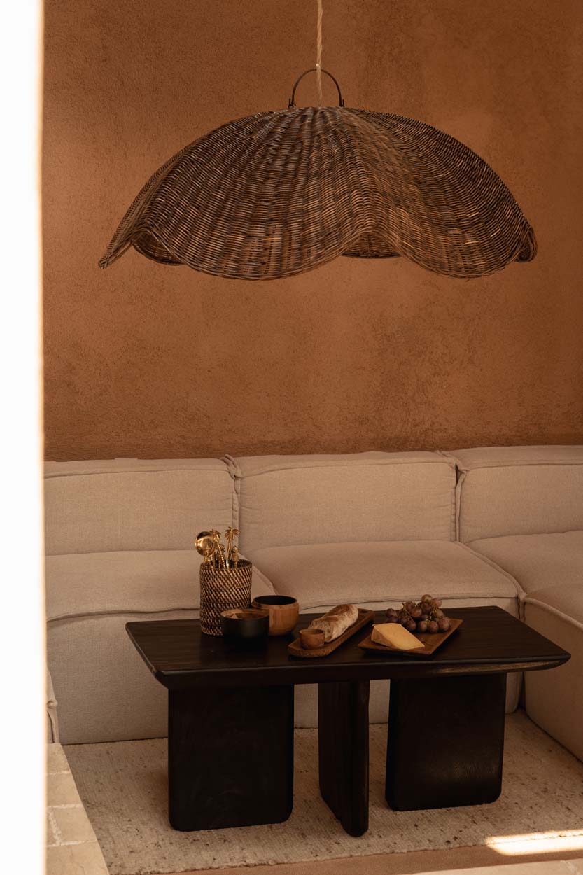 Hanglamp rotan Wave, donkere walnoot, handgemaakt, Ø 103 x 40 cm, voor eettafel of zithoek