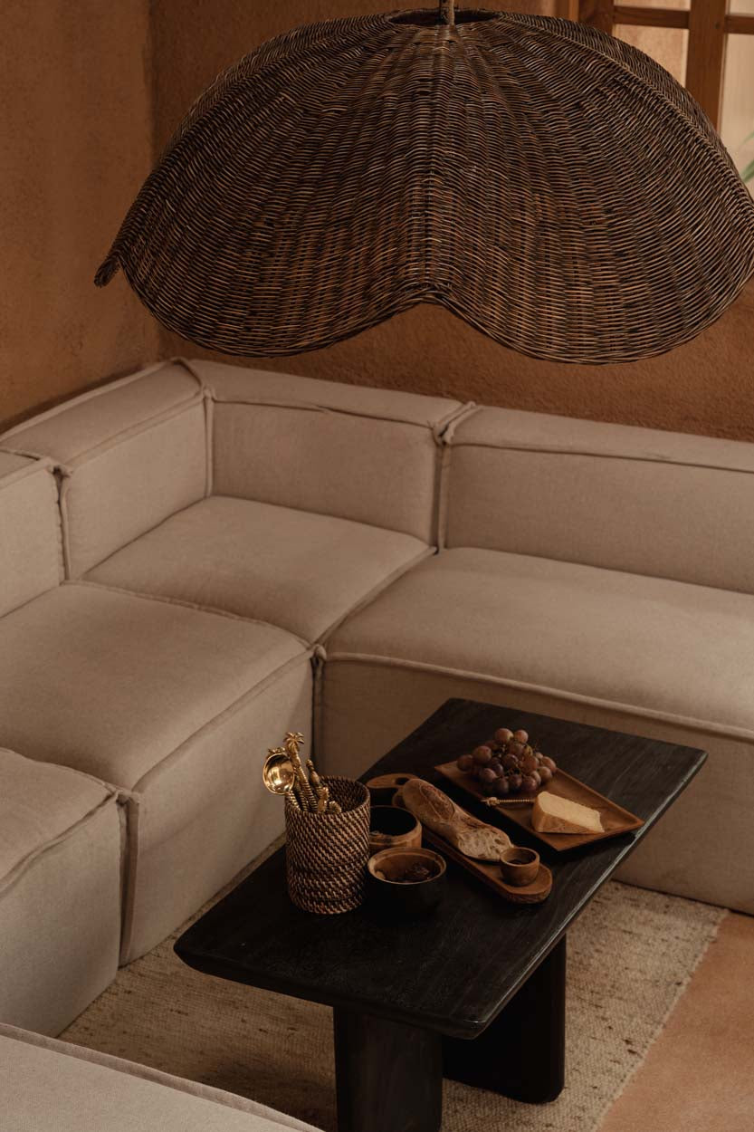 Hanglamp rotan Wave, donkere walnoot, handgemaakt, Ø 103 x 40 cm, voor eettafel of zithoek