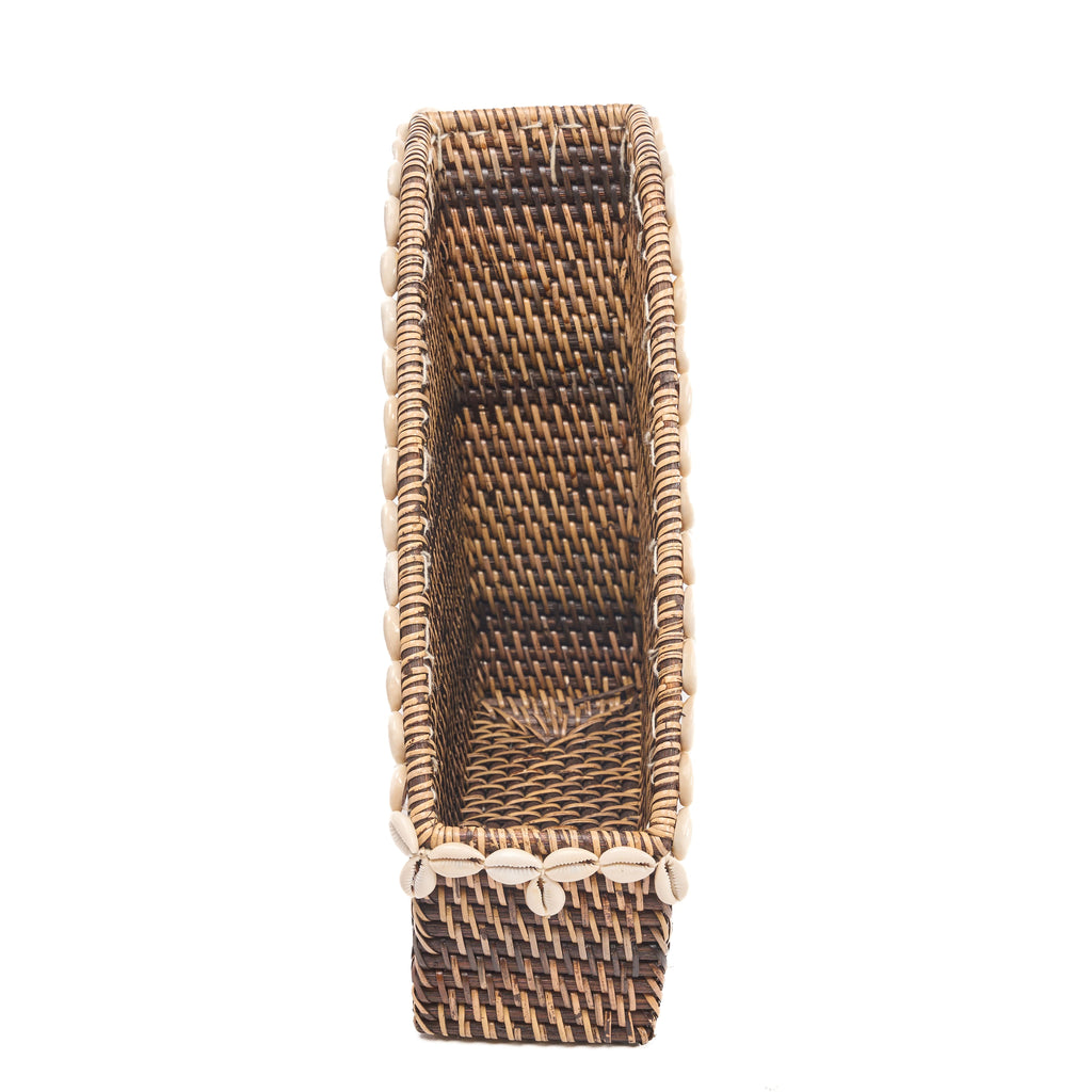Tijdschriftenhouder rotan met schelpen, Shell Edge Organizer, naturel bruin, 27 x 12 x 30 cm, voor bureau of hal