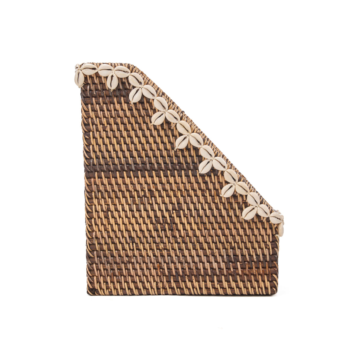 Tijdschriftenhouder rotan met schelpen, Shell Edge Organizer, naturel bruin, 27 x 12 x 30 cm, voor bureau of hal