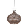 Ronde hanglamp van donker walnoot rotan met open vlechtwerk, smalle hals en zwart snoer