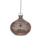 Ronde hanglamp van donker walnoot rotan met open vlechtwerk, smalle hals en zwart snoer
