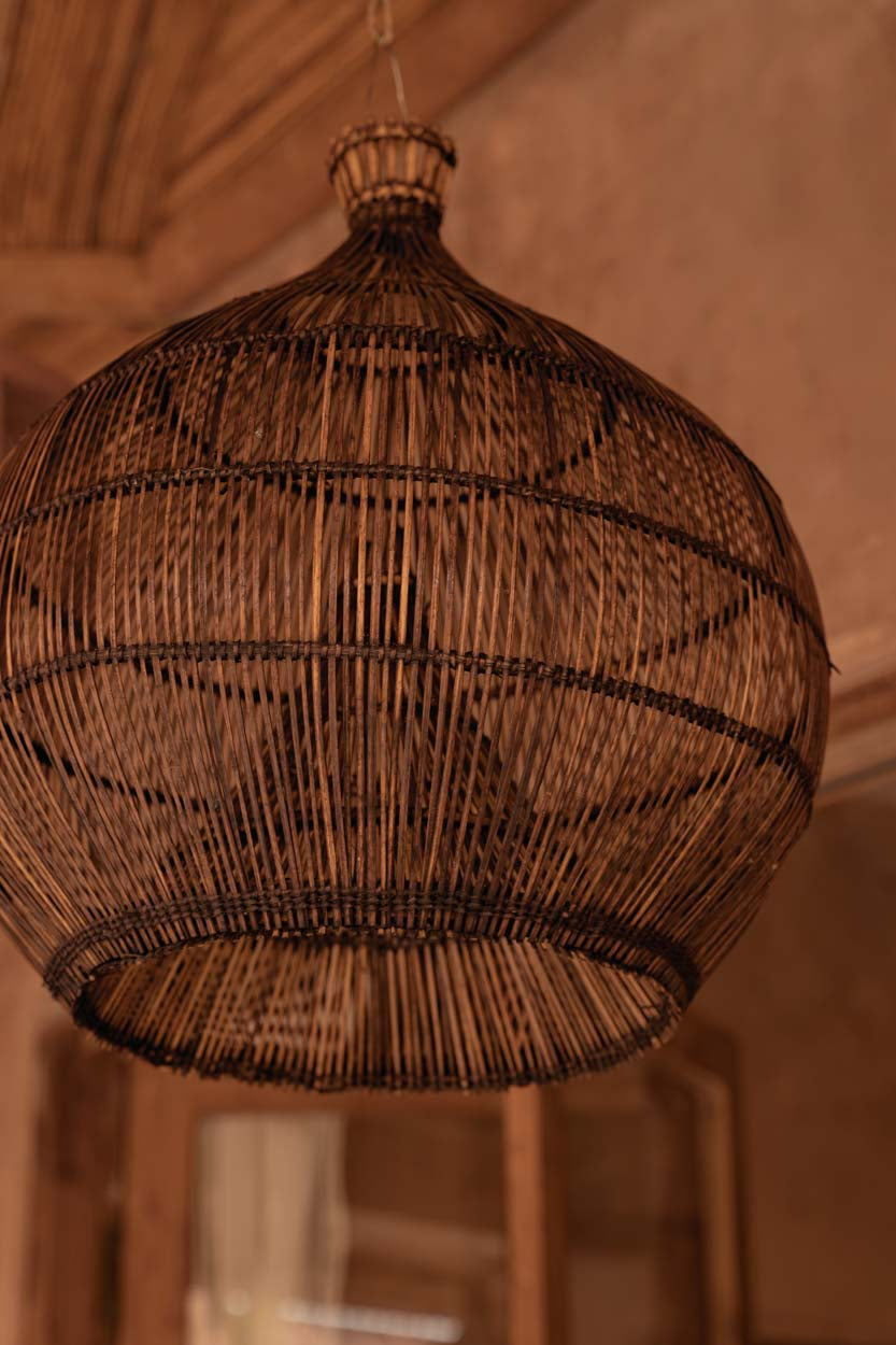 Hanglamp rotan handgeweven Desert Gourd, donker walnoot – Ø 48 cm, hoogte 45 cm