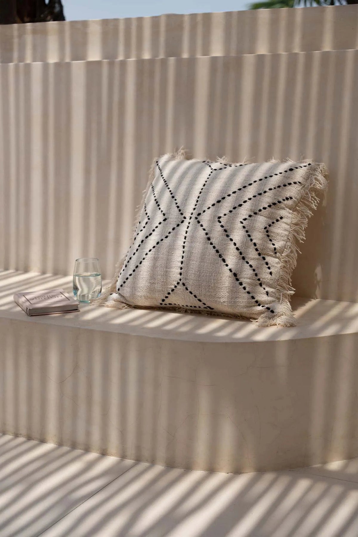 Kussenhoes katoen en raffia tribal boho natuurlijk zwart 50 x 50 cm, voor woonkamer en slaapkamer