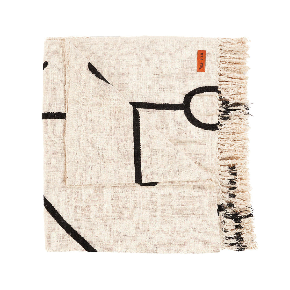 Opgevouwen ecru plaid met zwart Evil Eye-lijnenmotief en franje aan de zijkant