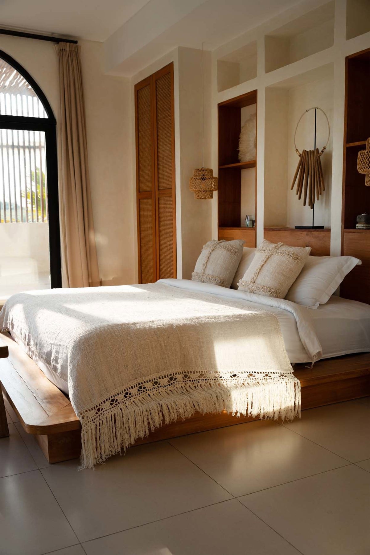 Plaid katoen Gypsy bohemien naturel 135 x 270 cm met franjes, voor bank en bed