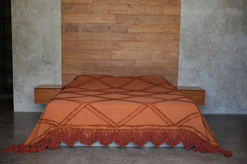 Plaid katoen Berber terracotta met kwastjes en franjes 240 x 300 cm, voor bed en bank