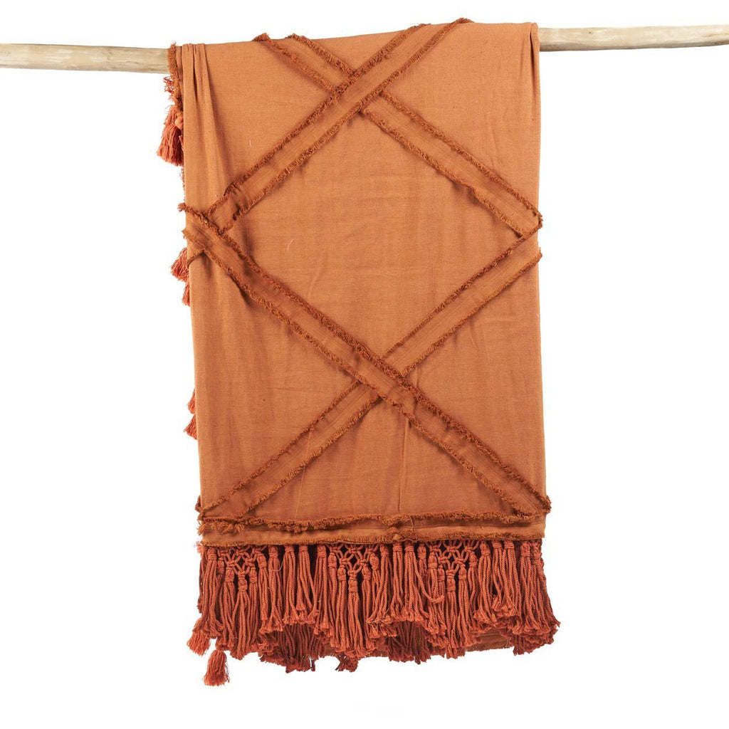 Plaid katoen Berber terracotta met kwastjes en franjes 240 x 300 cm, voor bed en bank