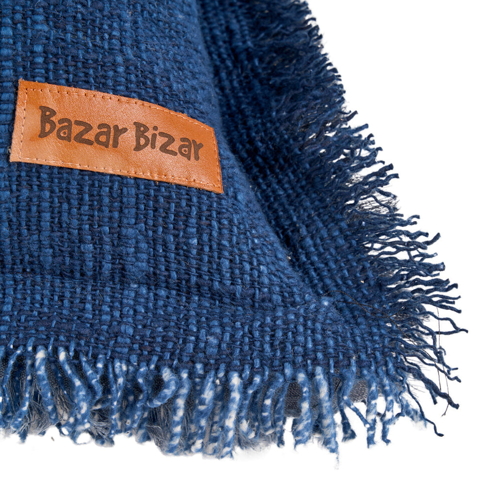 Kussenhoes katoen linnen Azure Fringe met franjerand, Indiaas blauw – 50 x 50 cm